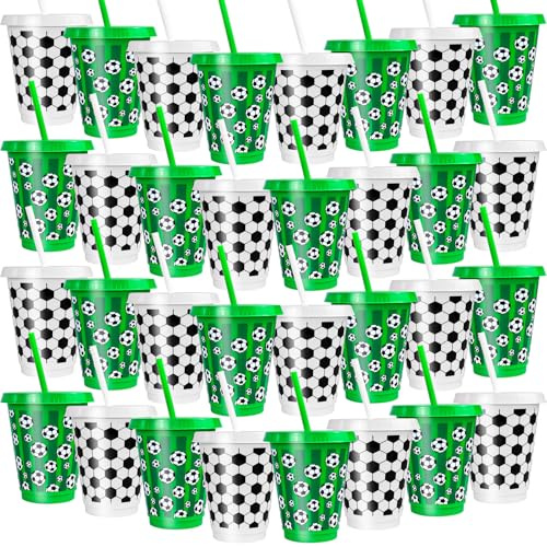 JTKDG 30Pcs 16 Oz Plastic Football Cups Reusable Tumbler with Lid and Straw | 470ml Party Drinking CupTravel Mugs, Soccer Birthday Party Gifts for Coach Fan Men Women Sports Team Decoration