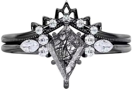 Verlobungsring-Set für Damen, Drachenform, schwarzer Rutil, 2-teilig, schwarzer Quarz, Ehering-Set, antiker Art-Deco-Stil, Braut-Versprechensring-Set, Sterling Silber, Schwarzer Rutil