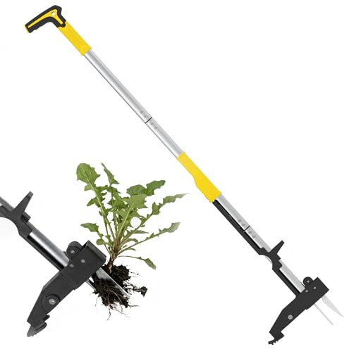 Unkrautjäter mit Stiel, Unkrautstecher Edelstahl, Löwenzahnstecher & Unkrautzieher, Unkraut Entferner Gerät, Garten Unkraut Werkzeug, Unkraut Jäten Werkzeug,105cm, 4 Zinken, L-Griff, Auswurf, Gelb