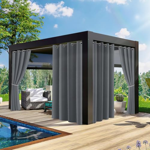 Fogmiea Outdoor Vorhang, H213 x B254cm Blickdicht Wasserdicht Outdoorvorhänge, Wetterfest mit ösen, Outdoor Gardinen Sichtschutz Sonnenschutz, für Garten Terrasse Balkon Pavillon (1 Stück Dunkelgrau)