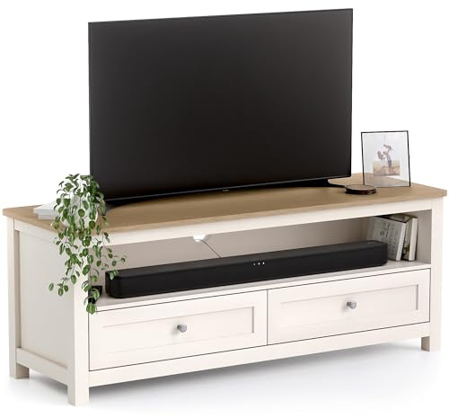 CHRISTOW TV Unit, 2 Drawers & Shelf, Cream | Modern TV Stand, 2 Storage Drawers, Open Media Shelf, Oak-Effect Top, Durable MDF Construction, W118cm x D40cm x H45cm