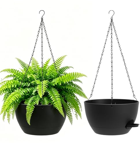 WSMKSZ 25cm Selbstbewässernde Blumenampel Hängend Innen Außen, 2er Set Kunststoff Blumentopf Hängend mit Drainageloch & Wasserreservoir, Hängetopf für Pflanzen für Balkon, Veranda, Garten, Schwarz