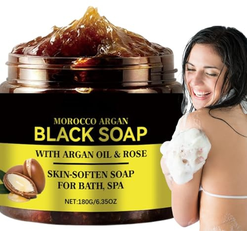 Moroccan Black Soap with Argan Oil & Rose, Traditional Beldi Soap Paste for Deep Cleansing, Body Exfoliation to Soften Skin, Relieve Legs & Ingrown Hairs, Home Spa Wash for Dry & Rough Skin, 180g
