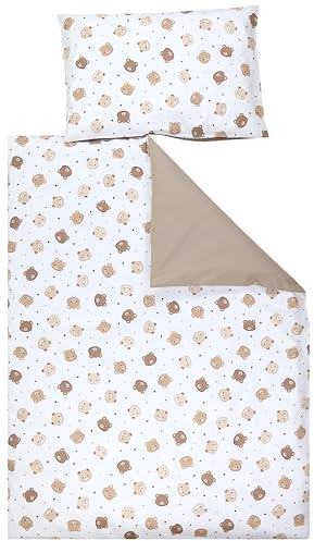 TupTam Kinder Bettwäsche Set Babybettwäsche Bettbezug 100 x 135 120 x 90 Kissenbezug 40 x 60 Jungen Mädchen 2-TLG, Farbe: Teddybär Köpfe/Beige, Größe: 135x100 cm