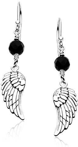 Nenalina Ohrringe Silber 925 Damen Ohrhänger mit Engelsflügel und Onyx Kugeln 6mm schwarz