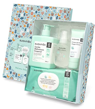 Suavinex, Canastilla Bebé Recién Nacido. Canastilla de Cosmética con: Crema Pañal 75 ml + Loción Hidratante Corporal 500 ml + Fragancia Baby Cologne 100 ml + Toallitas 60 uds. Regalo para Bebés. Azul