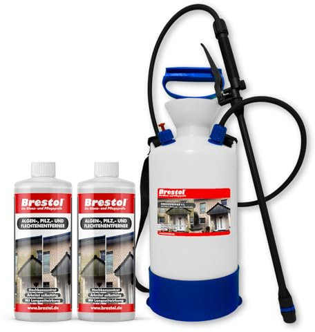 BRESTOL® Algenentferner Pilzentferner Flechtenentferner 2x 1000 ml Konzentrat + 7 Liter Drucksprüher säurebeständig - Grünbelagsentferner Grünbelagentferner