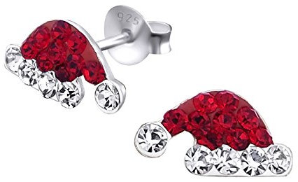 Monkimau Mädchen Ohrringe Weihnachtsmütze Ohrstecker aus 925 Sterling Silver echt Silber mit 28 Kristallen