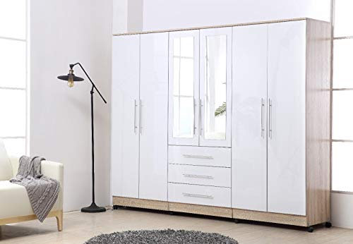 Unique Furnishings Gloss White Large Wardrobe - 6 Door 3 Drawers & Long Mirror