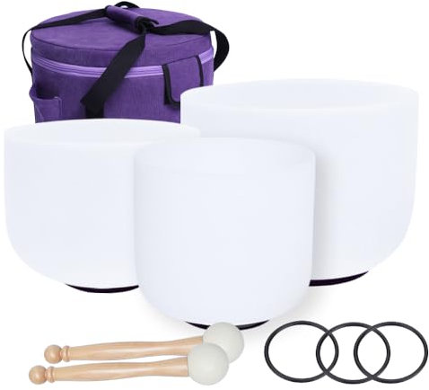 ENERGYSOUN - Juego de 3 cuencos de cristal de cuarzo esmerilado de 12 pulgadas, C, 10 pulgadas E 7 pulgadas A