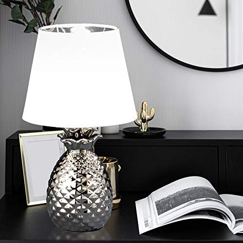 etc-shop Tischlampe Silber Keramik Tischleuchte, LED Warmweiß 5W 470lm, Textil-Schirm Weiß, Nachttischlampe, Leselampe, Ananas-Design, H 35 cm