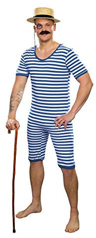 shoperama Nostalgischer Herren Ringel Badeanzug 20er 30er Jahre Gewichtheber Clown Artist Retro Historisch JGA, Farbe:Blau/Weiß, Größe:5/S