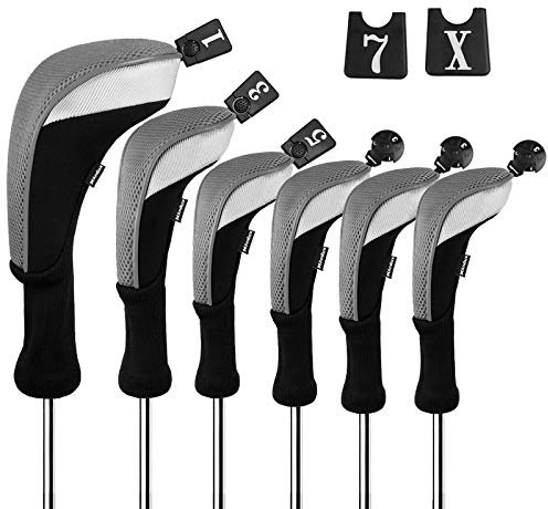 Andux Golfschlägerhauben für Golfschläger mit langem Hals (3 Hybrid + 3 Hölzer) (Schwarz/Grau), 6 Stück