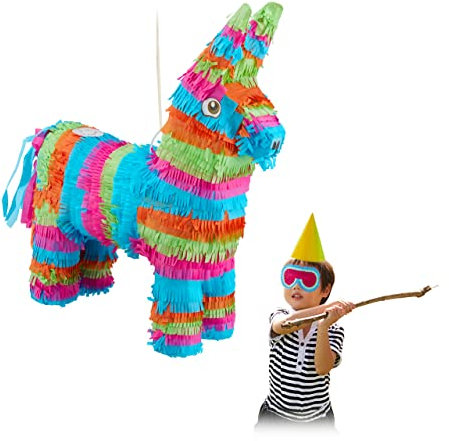 Relaxdays 2 x Pinata Esel, Tierpinata zum Befüllen, Kinder, Geburtstag, JGA, Einschulung, Deko, Schlagpinata zum Aufhängen, bunt