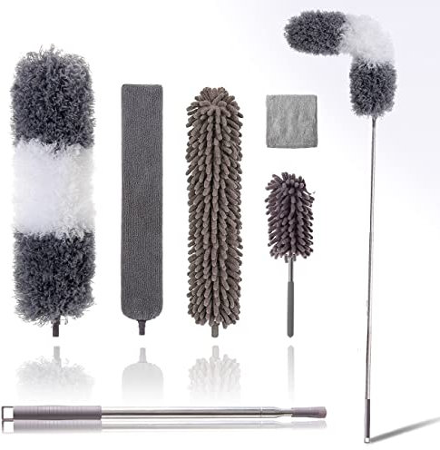 Kit de plumero de microfibra para techo alto (6 piezas), plumeros extensibles para limpieza con poste de extensión de 100 pulgadas, plumero largo para ventilador/coche, kit de herramientas de limpieza