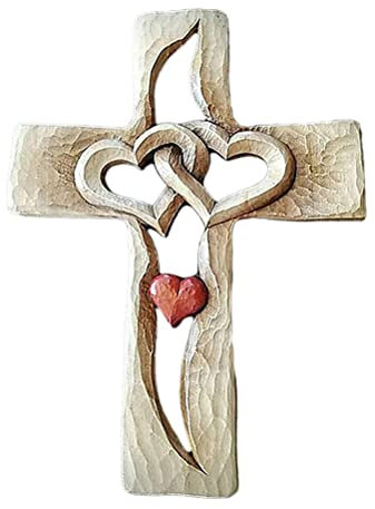 KKPLZZ Geschnitztes Holzkreuz, Hohle ineinander verschlungene Herzen, Zwei Herzen durch Liebe verbunden, Wandbehang handgeschnitztes Holzkreuz Wanddekor rustikale Kunst Handwerk hängende Ornamente