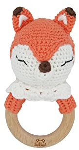 SaRassl Häkelrassel Fuchs Capper, orange/weiß, 100 % Baumwolle, antibaktielle Füllung aus Polyesterfasern und unbehandelter Holzring, handgemacht, Größe: 15x7,5 cm