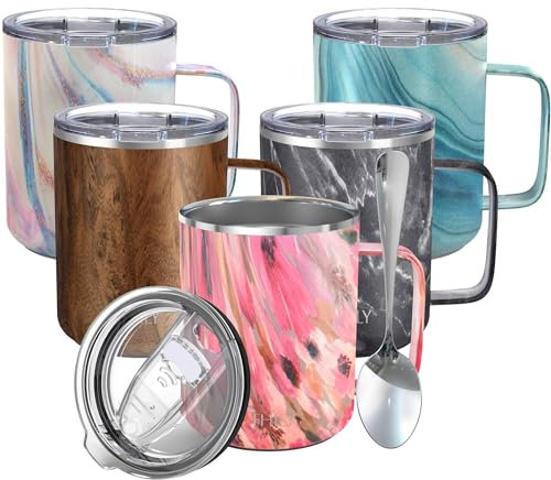 THILY Tasse à café isotherme en acier inoxydable de 355 ml avec poignée, couvercle anti-déversement, garde le café froid ou chaud, joli cadeau d'anniversaire, de Noël, de fleur aquarelle