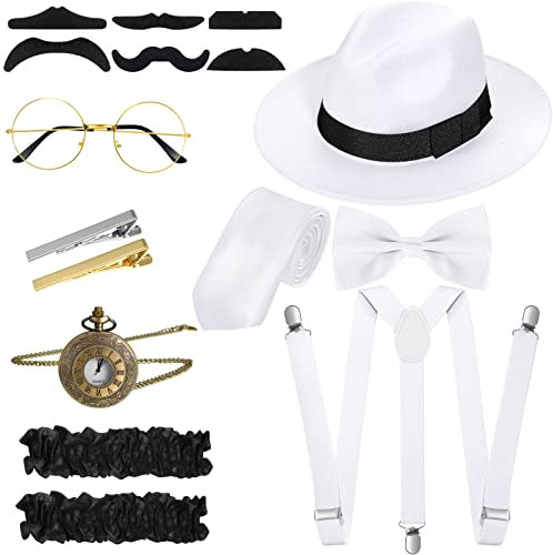 1920er Herren Kostüm Zubehör Set Roaring Retro Gangster Kostüm, Hut, Fliege, Krawatte, Taschenuhr, Hosenträger, Brille, Bart, Ärmelhalter, Krawattenklammern (Zart Stil, Weiß)