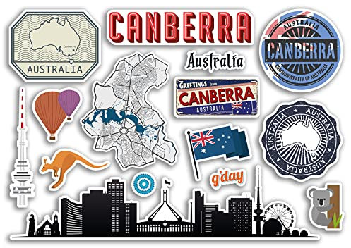 A5 Aufkleberbogen Canberra Sehenswürdigkeiten Vinyl Aufkleber – Australien Flughafen Briefmarken Skyline Flagge Karte Reise Urlaub Scrapbooking Stadt Gepäck #79143