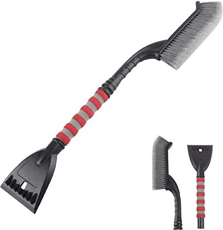 2in1 Auto Reinigungsbürste Eiskratzer Schneebesen Abnehmbarer Eisschaber Blatt-und Blütenstaubsbürste mit Ergonomischem Schaumstoffgriff für PKW, BWM,LKW und SUV, (ABS, PVC Bürste, 66CM) rot