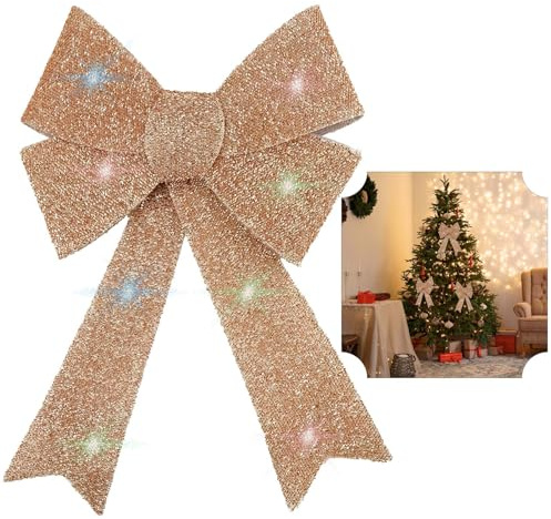 SRV Hub 43cm Light Up Rose Gold Bow, 8 White Multicolor LEDs Lights, Battery Powered Glitter Bow for Tree Wreaths Indoor Outdoor Festive Decoration