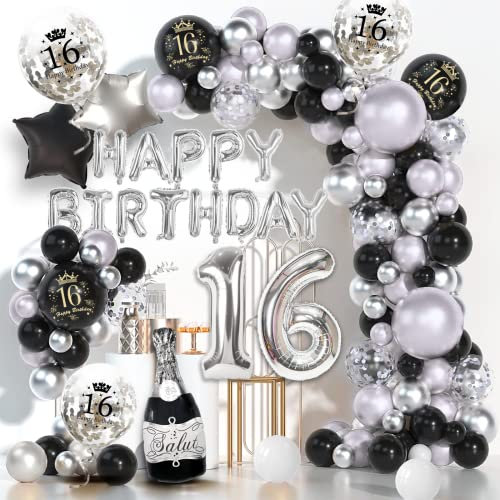 16. Geburtstag Deko Junge Mädchen Schwarz Silber, Happy Birthday Balloon, Luftballon 16, Konfetti Luftballons für Dekoration Mann, Silver16