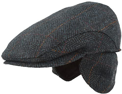 Breiter Schiebermütze Ohrenklappen Flatcap Newsboy Cap 100% Wolle Blau 65