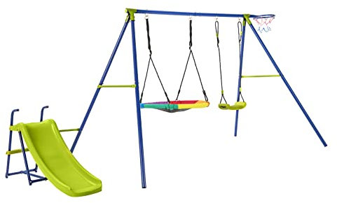 Maxmass Kids Swing Set, Metal Swing Frame with Adjustable Saucer Swing & Belt Swing, Outdoor Swing Playground Playset for Garden Backyard (4 in 1 with Slide and Basketball Hoop)