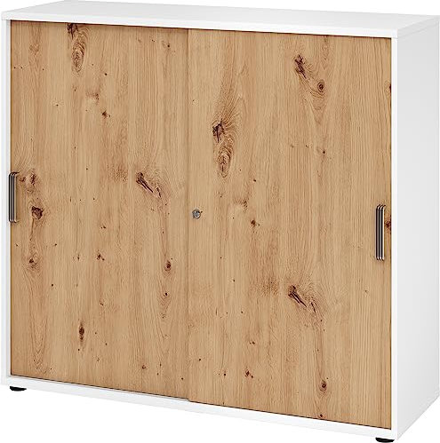 bümö Schiebetürenschrank 3OH - Aktenschrank abschließbar, Sideboard Schrank mit Schiebetüren in Weiß/Asteiche - Büroschrank aus Holz mit Schiebetür, Büro Kommode für Ordner & Co.