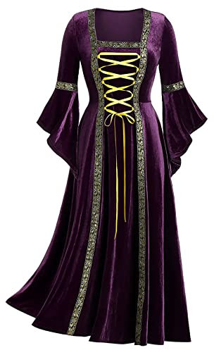 AMhomely Renaissance Costumes for Women Medieval Faire Dress Long Sleeve High Waist Maxi Dress Velvet Irish Dresses Halloween Costumes Cosplay Cubbing Dress