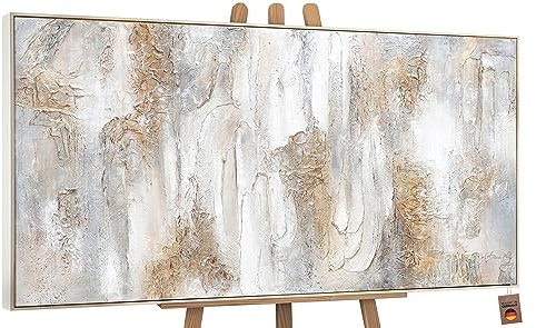 YS-Art Abstrakt Design Acryl Gemälde auf Leinwand Philosophie handgemalt Wandbilder Wohnzimmer modern Wohndekor Bilder Büro Gold Grau echtes Kunstwerk mit Rahmen 100x50 cm