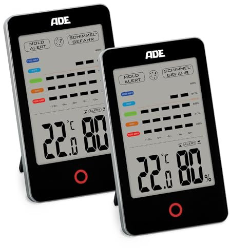 ADE Digitales Hygrometer innen mit Schimmelalarm | Feuchtigkeitsmessgerät mit Thermometer | Temperatur und Luftfeuchtigkeitsmesser | großes LCD-Display | Doppelpack | schwarz