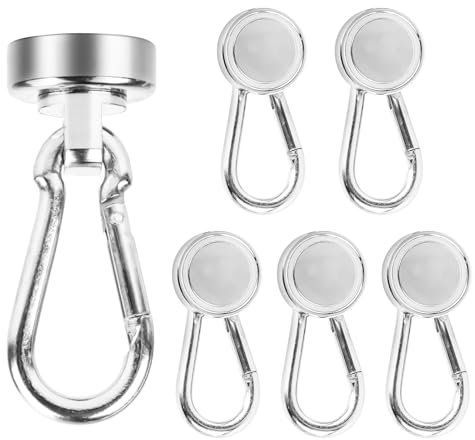 RUNEAY Magnet Haken,6 Stück Magnethaken Extra Stark Neodym Magnet mit Karabiner Drehbar Magnetischer Haken für Küche Badezimmer Schließfächer Garage Fabrik,Silber