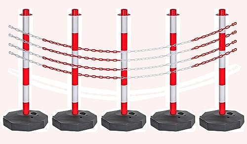 Postes de barrera con cadena para postes, cadena de bloqueo, postes de seguridad (5 postes de barrera con cadena)