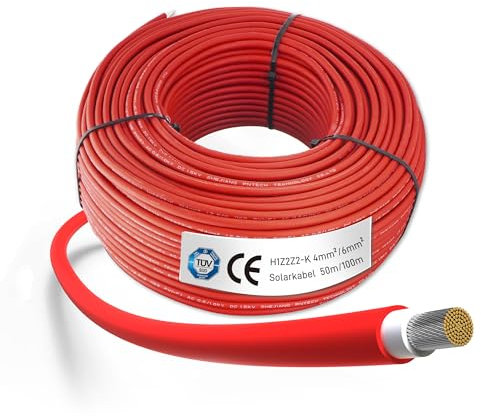 Solarkabel Verlängerung 6mm² Rot - 50m, H1Z2Z2-K Solarmodul PV Kabel, Photovoltaik Solarkabel, Solar Anschlusskabel für Solarpanel, UV-beständig, flexibel, hohe Leistung