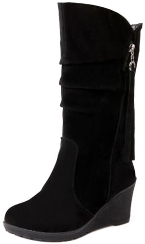 Joliss Donna Zeppa Stivali a Metà Polpaccio Punta Rotonda Stivali Slip-On Warm Inverno Lining Stivali Morbidi Nero-Hm Numero 43 EU/45Cn