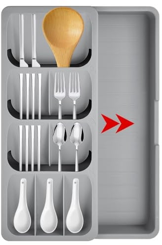 SLTAXAR Organizador Expandible para Cubiertos Bandeja para Cubiertos para Cajones con 9 Compartimentos Portacubiertos Cajon Cocina Cubertero de Cajón para Guardar Cuchillos Tenedores Cucharas Palillos