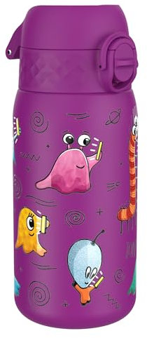 ION8 Gourde Enfant, Inox Léger, 400ml, Non Isolé, Anti-Fuite, Facile à Ouvrir, Verrouillage Sécurisé, Lavable au Lave-Vaisselle, Poignée de Transport, Acier Inoxydable, Extraterrestres