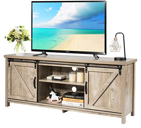 CASART Wooden TV Cabinet, 3 Tier TV Console Table with Sliding Barn Doors and Shelves, Rustic Media Entertainment Center for Living Room Bedroom Office (Grey Wash)