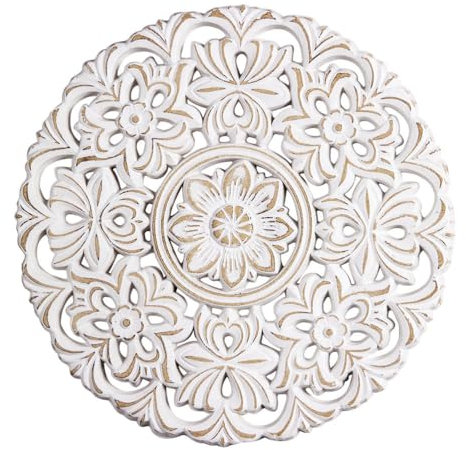 Mandala Wall Art Wooden Carved Panel for Home Decor, Distressed White Flower Sculpture, Farmhouse Style Wall Ornament for Bedroom and Living Room