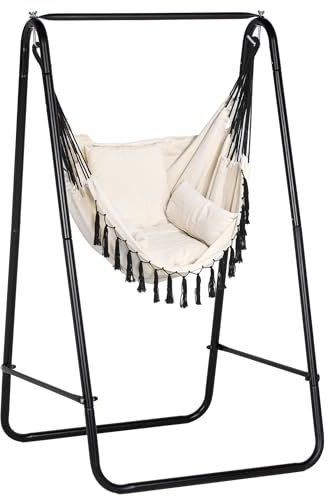 Outsunny Patio Hammock Chair with Stand, Outdoor Hammock Swing Hanging Rope Chair with Cushion, Armrest, Hooks, Cream White