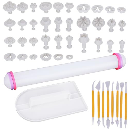 64 herramientas para fondant de flores para tartas, cortadores de galletas de flores, cortador de galletas con émbolo, cortador de galletas, azúcar, flores, hojas, mariposas, forma de corazón, kit de