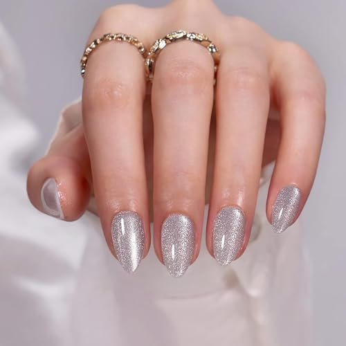 24Pcs Short Crystal Cat Eye Press on Nails Almond - Fake Nails With Glue - Long Lasting Stick on Full Cover Acrylic Tips for Manicure Nail Art
