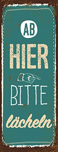 AGDeko® Holzschild 27x10 cm Ab hier bitte lächeln Lachen Glück