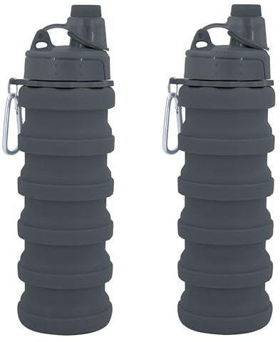 YCTMALL Bottiglie d'acqua pieghevoli, confezione da 2, da viaggio, sport, con fibbia per alpinismo, 500 ml, in silicone, impermeabile, da campeggio (colore grigio e grigio)