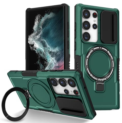 ZHOZEXIN Mobile Phone Case for Samsung Galaxy S22 Ultra 6.8 Inch Ring Holder Sliding Window Magnetic Drop Protection Shockproof Protective Case for Samsung Galaxy S22 Ultra (Green)