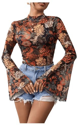 GORGLITTER Women's Floral Bell Long Sleeve Sheer T Shirts Boho Mesh Mock Neck Crop Tops Shirt Black M