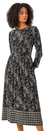 Roman Originals Midi Dress with Pockets for Women UK Ladies Stretchy Jersey Maxi Long 3/4 Length Sleeve Gathered High Waist Boho Flattering Skater Swing Fit Flare - Monochrome - Size 18
