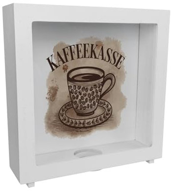 Kaffeetasse mit Kaffeebohnen - Kaffeekasse Rahmen Spardose aus Holz Aquarell-Design Untertasse mit floralem Muster Beige Hintergrund für stilvolle Küchenmomente